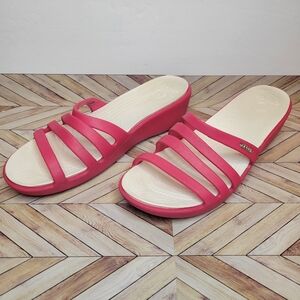 CROCS RHONDA Casual Comfort Strappy Slip-On Wedges Fuschia Sandals Women's Sz 11